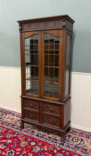 Load image into Gallery viewer, Antique English Jacobean Bookcase Cabinet Double Door Glass Drawers Oak c.1930s