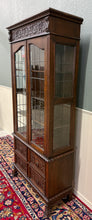 Load image into Gallery viewer, Antique English Jacobean Bookcase Cabinet Double Door Glass Drawers Oak c.1930s