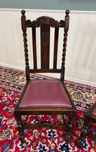 Load image into Gallery viewer, Antique English Dining Chairs (6) Burgundy Leather Barley Twist Oak c. 1930s