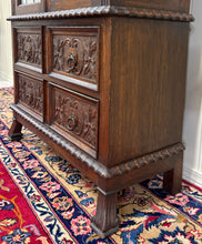 Load image into Gallery viewer, Antique English Jacobean Bookcase Cabinet Double Door Glass Drawers Oak c.1930s
