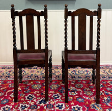 Load image into Gallery viewer, Antique English Dining Chairs (6) Burgundy Leather Barley Twist Oak c. 1930s