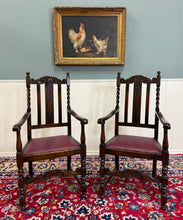 Load image into Gallery viewer, Antique English Dining Chairs (6) Burgundy Leather Barley Twist Oak c. 1930s