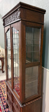 Load image into Gallery viewer, Antique English Jacobean Bookcase Cabinet Double Door Glass Drawers Oak c.1930s