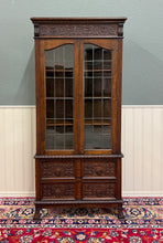 Load image into Gallery viewer, Antique English Jacobean Bookcase Cabinet Double Door Glass Drawers Oak c.1930s