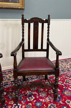 Load image into Gallery viewer, Antique English Dining Chairs (6) Burgundy Leather Barley Twist Oak c. 1930s