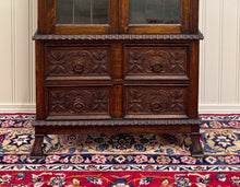 Load image into Gallery viewer, Antique English Jacobean Bookcase Cabinet Double Door Glass Drawers Oak c.1930s