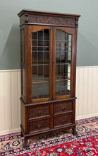 Load image into Gallery viewer, Antique English Jacobean Bookcase Cabinet Double Door Glass Drawers Oak c.1930s