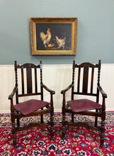 Load image into Gallery viewer, Antique English Dining Chairs (6) Burgundy Leather Barley Twist Oak c. 1930s