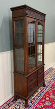 Load image into Gallery viewer, Antique English Jacobean Bookcase Cabinet Double Door Glass Drawers Oak c.1930s