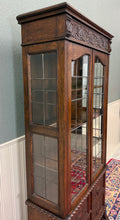 Load image into Gallery viewer, Antique English Jacobean Bookcase Cabinet Double Door Glass Drawers Oak c.1930s