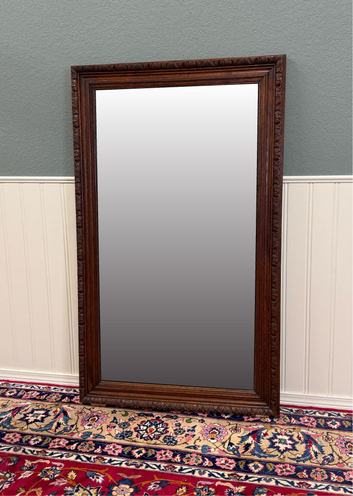 Antique French Mirror Over Mantel LARGE Rectangular Oak Carved Beveled c.1930