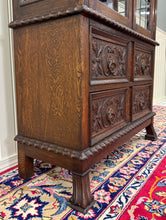 Load image into Gallery viewer, Antique English Jacobean Bookcase Cabinet Double Door Glass Drawers Oak c.1930s