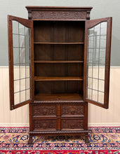 Load image into Gallery viewer, Antique English Jacobean Bookcase Cabinet Double Door Glass Drawers Oak c.1930s