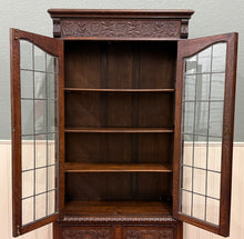 Load image into Gallery viewer, Antique English Jacobean Bookcase Cabinet Double Door Glass Drawers Oak c.1930s
