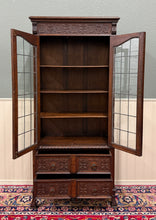Load image into Gallery viewer, Antique English Jacobean Bookcase Cabinet Double Door Glass Drawers Oak c.1930s