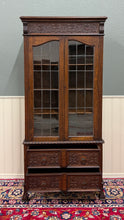 Load image into Gallery viewer, Antique English Jacobean Bookcase Cabinet Double Door Glass Drawers Oak c.1930s