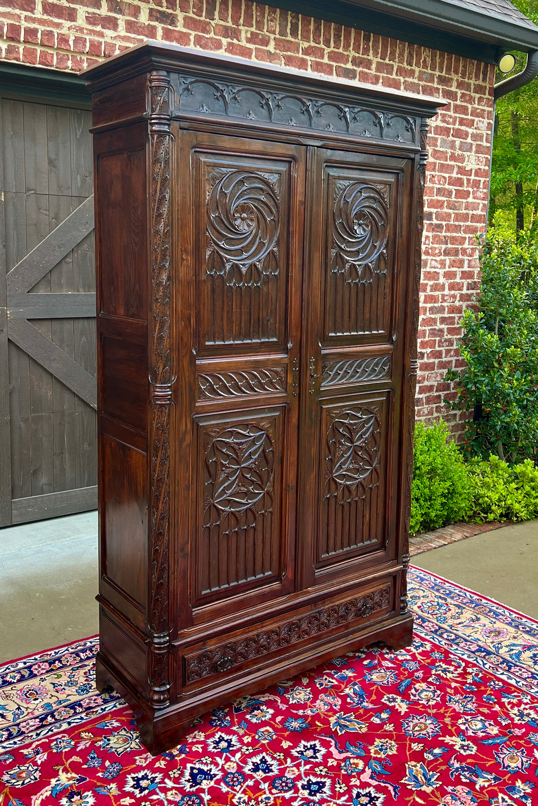 Antique French Armoire Wardrobe Cabinet Linen Storage Gothic Revival Oak c. 1880