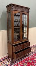 Load image into Gallery viewer, Antique English Jacobean Bookcase Cabinet Double Door Glass Drawers Oak c.1930s