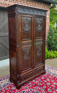 Antique French Armoire Wardrobe Cabinet Linen Storage Gothic Revival Oak c. 1880