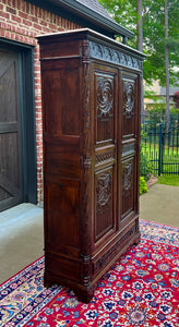 Antique French Armoire Wardrobe Cabinet Linen Storage Gothic Revival Oak c. 1880