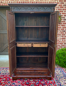 Antique French Armoire Wardrobe Cabinet Linen Storage Gothic Revival Oak c. 1880