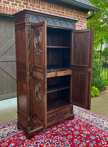 Antique French Armoire Wardrobe Cabinet Linen Storage Gothic Revival Oak c. 1880