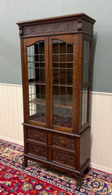 Load image into Gallery viewer, Antique English Jacobean Bookcase Cabinet Double Door Glass Drawers Oak c.1930s