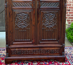 Antique French Armoire Wardrobe Cabinet Linen Storage Gothic Revival Oak c. 1880