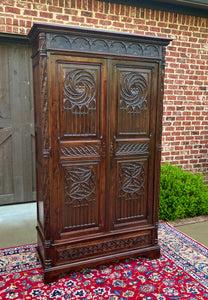 Antique French Armoire Wardrobe Cabinet Linen Storage Gothic Revival Oak c. 1880