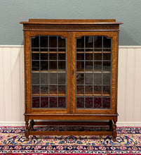 Load image into Gallery viewer, Antique English Bookcase Cabinet Double Door Leaded Wavy Glass Oak c.1930s