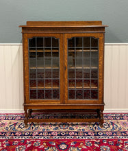 Load image into Gallery viewer, Antique English Bookcase Cabinet Double Door Leaded Wavy Glass Oak c.1930s