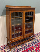 Load image into Gallery viewer, Antique English Bookcase Cabinet Double Door Leaded Wavy Glass Oak c.1930s