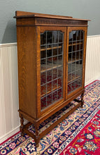 Load image into Gallery viewer, Antique English Bookcase Cabinet Double Door Leaded Wavy Glass Oak c.1930s