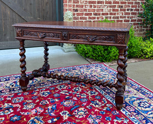 Antique French Desk Table Renaissance Revival Barley Twist Carved Tiger Oak 19C