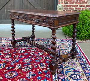 Antique French Desk Table Renaissance Revival Barley Twist Carved Tiger Oak 19C