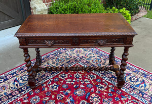 Antique French Desk Table Renaissance Revival Barley Twist Carved Tiger Oak 19C