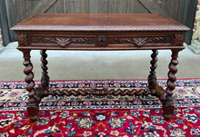 Load image into Gallery viewer, Antique French Desk Table Renaissance Revival Barley Twist Carved Tiger Oak 19C