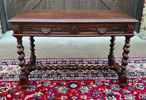 Antique French Desk Table Renaissance Revival Barley Twist Carved Tiger Oak 19C