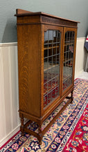 Load image into Gallery viewer, Antique English Bookcase Cabinet Double Door Leaded Wavy Glass Oak c.1930s