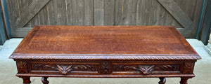 Antique French Desk Table Renaissance Revival Barley Twist Carved Tiger Oak 19C
