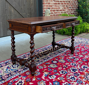 Antique French Desk Table Renaissance Revival Barley Twist Carved Tiger Oak 19C