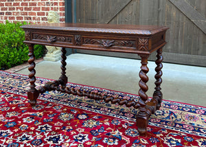 Antique French Desk Table Renaissance Revival Barley Twist Carved Tiger Oak 19C