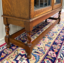 Load image into Gallery viewer, Antique English Bookcase Cabinet Double Door Leaded Wavy Glass Oak c.1930s