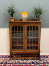 Load image into Gallery viewer, Antique English Bookcase Cabinet Double Door Leaded Wavy Glass Oak c.1930s