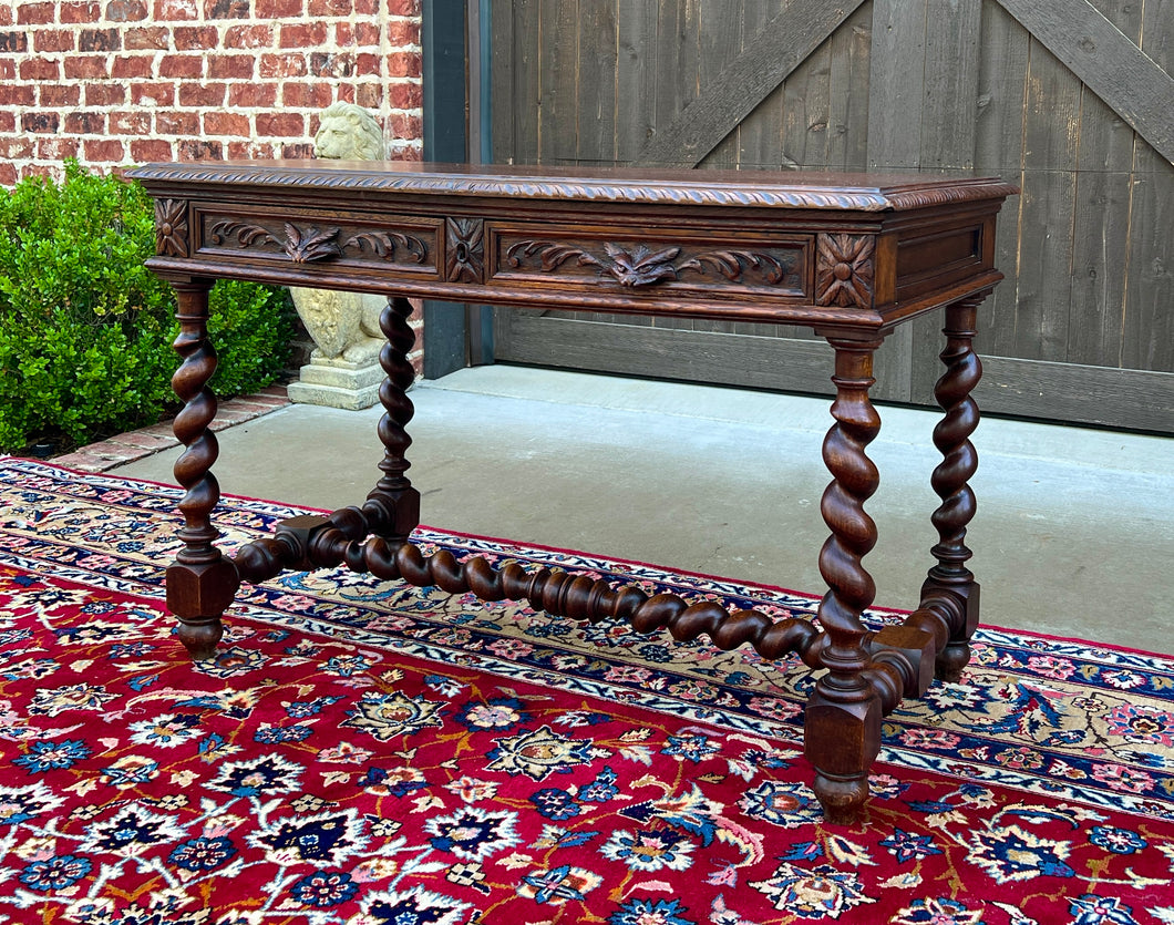 Antique French Desk Table Renaissance Revival Barley Twist Carved Tiger Oak 19C