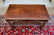 Load image into Gallery viewer, Antique French Desk Table Renaissance Revival Barley Twist Carved Tiger Oak 19C