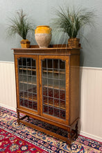 Load image into Gallery viewer, Antique English Bookcase Cabinet Double Door Leaded Wavy Glass Oak c.1930s