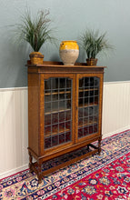 Load image into Gallery viewer, Antique English Bookcase Cabinet Double Door Leaded Wavy Glass Oak c.1930s