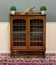 Load image into Gallery viewer, Antique English Bookcase Cabinet Double Door Leaded Wavy Glass Oak c.1930s