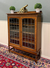 Load image into Gallery viewer, Antique English Bookcase Cabinet Double Door Leaded Wavy Glass Oak c.1930s